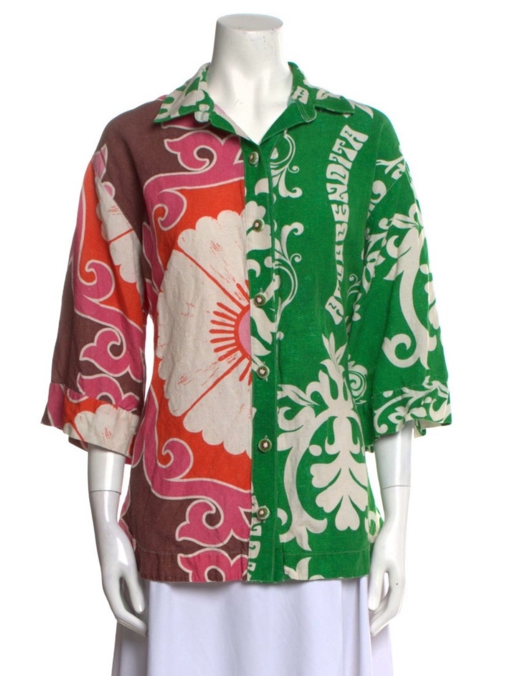 Agua Bendita Green, Pink & Orange Floral Button-Down Shirt